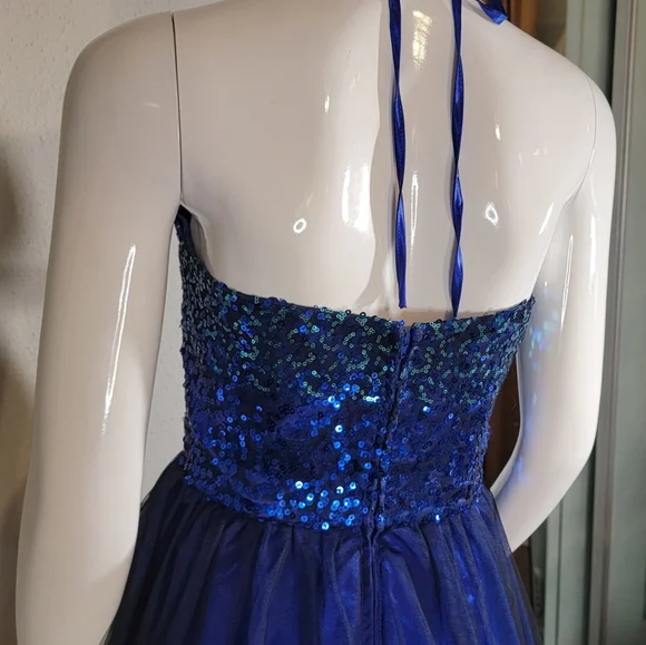 Blue Ombre Sequin Halter Dress w/ Beaded Waistband Prom Formal - Picture 8 of 13